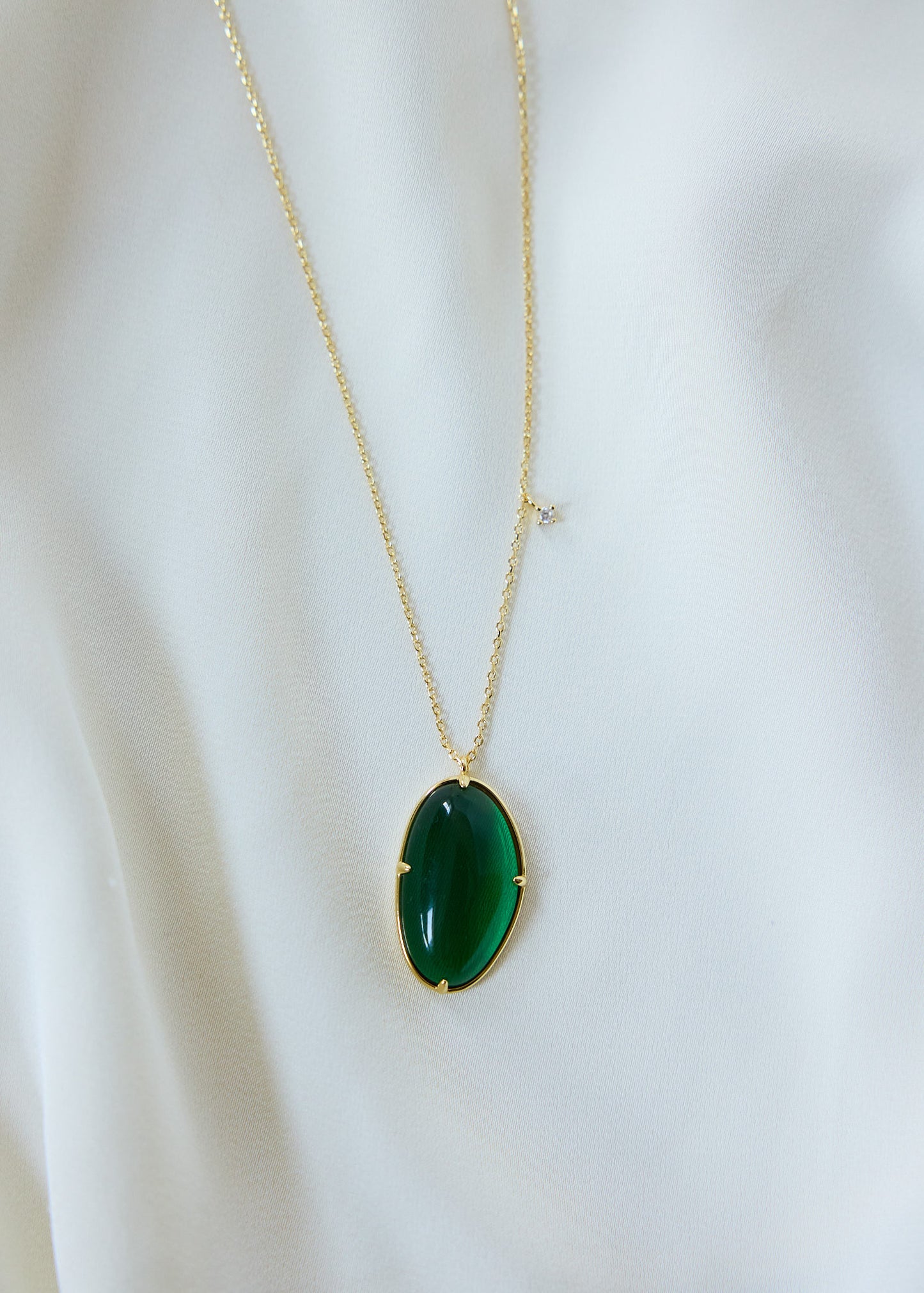 Green Glass Pendant Necklace | Gold-Plated Sterling Silver, CZ Accent