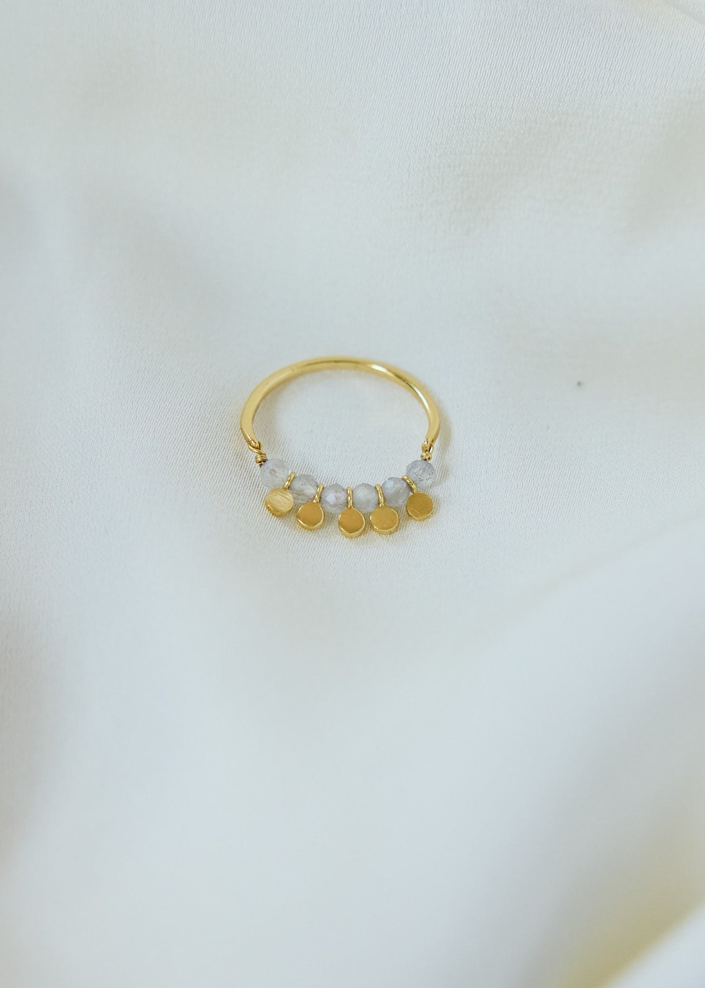 Labradorite Bead Ring | Gold Disc Charm Ring, Dainty Stacking Ring
