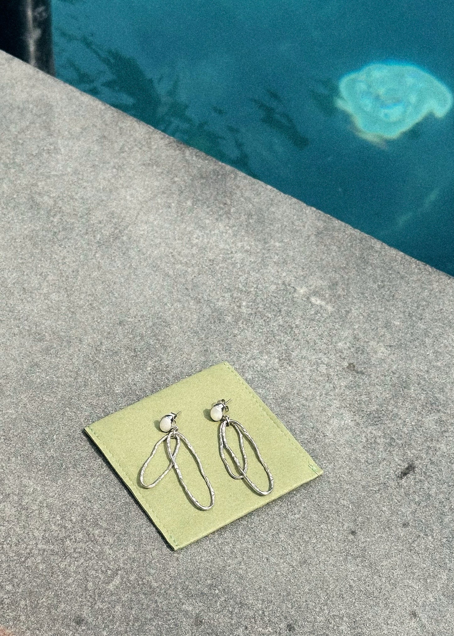 Pearl & Double Oval Drop Earrings | Sterling Silver Hammered Hoops