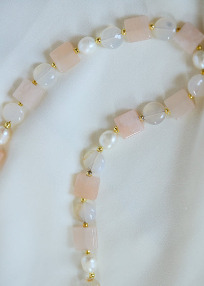 White Jade & Pearl Beaded Necklace | Agate and Freshwater Pearl