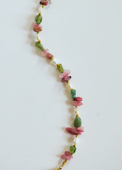 Pink Agate & Green Apatite Bracelet | Freshwater Pearl, Gold Spacers