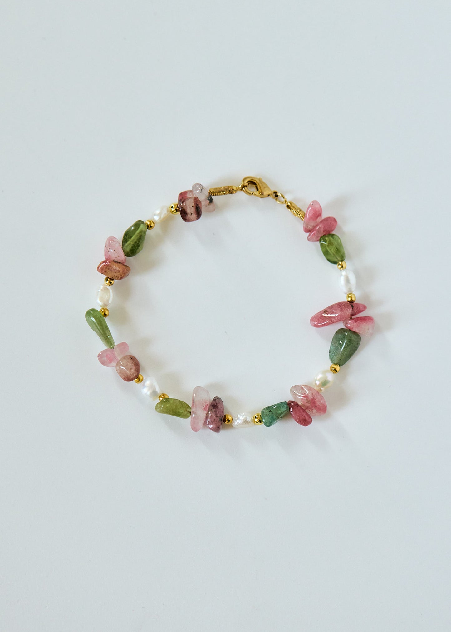Pink Agate & Green Apatite Bracelet | Freshwater Pearl, Gold Spacers