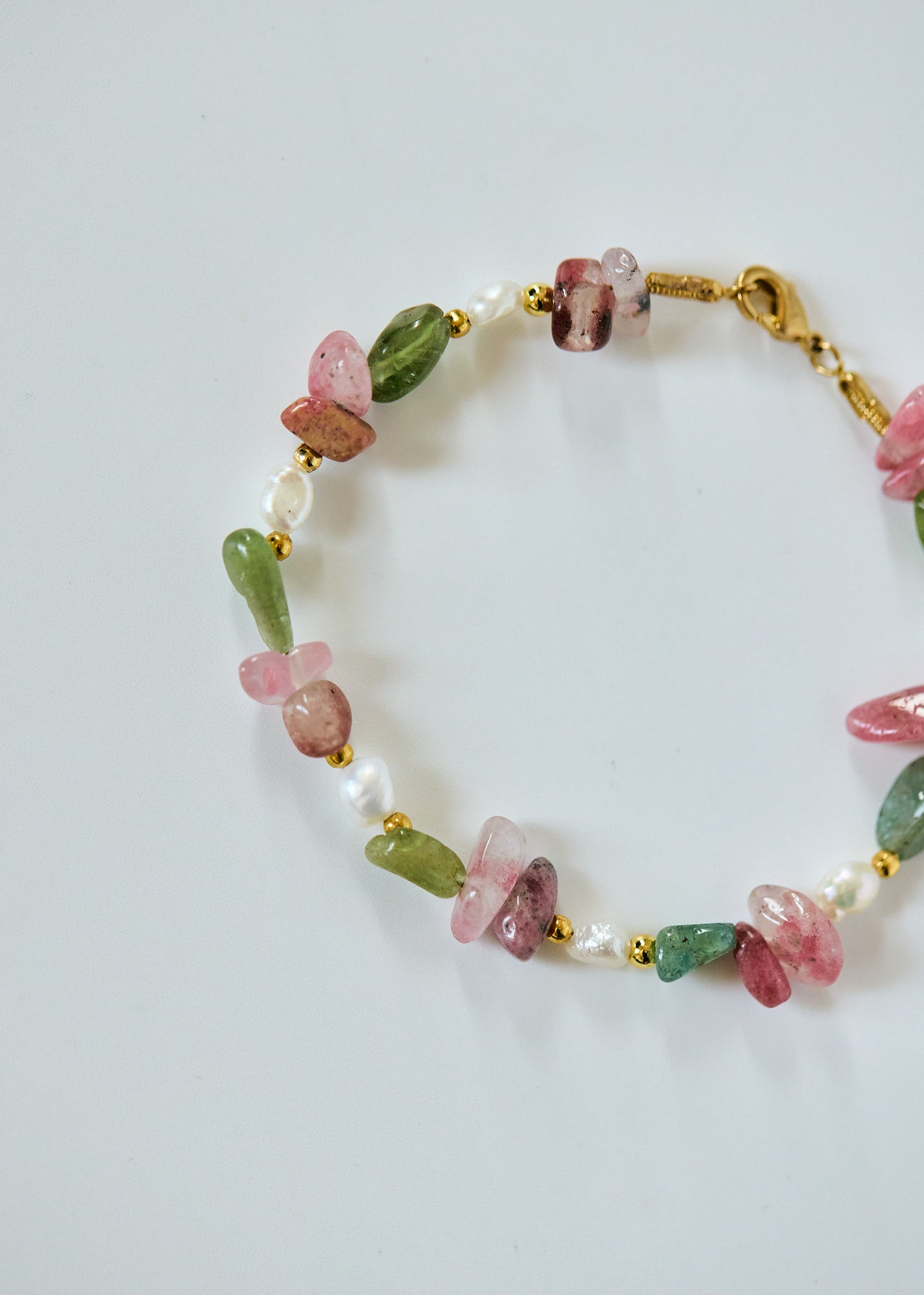 Pink Agate & Green Apatite Bracelet | Freshwater Pearl, Gold Spacers