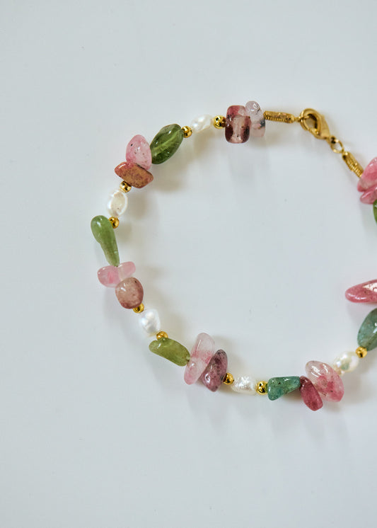 Pink Agate & Green Apatite Bracelet | Freshwater Pearl, Gold Spacers