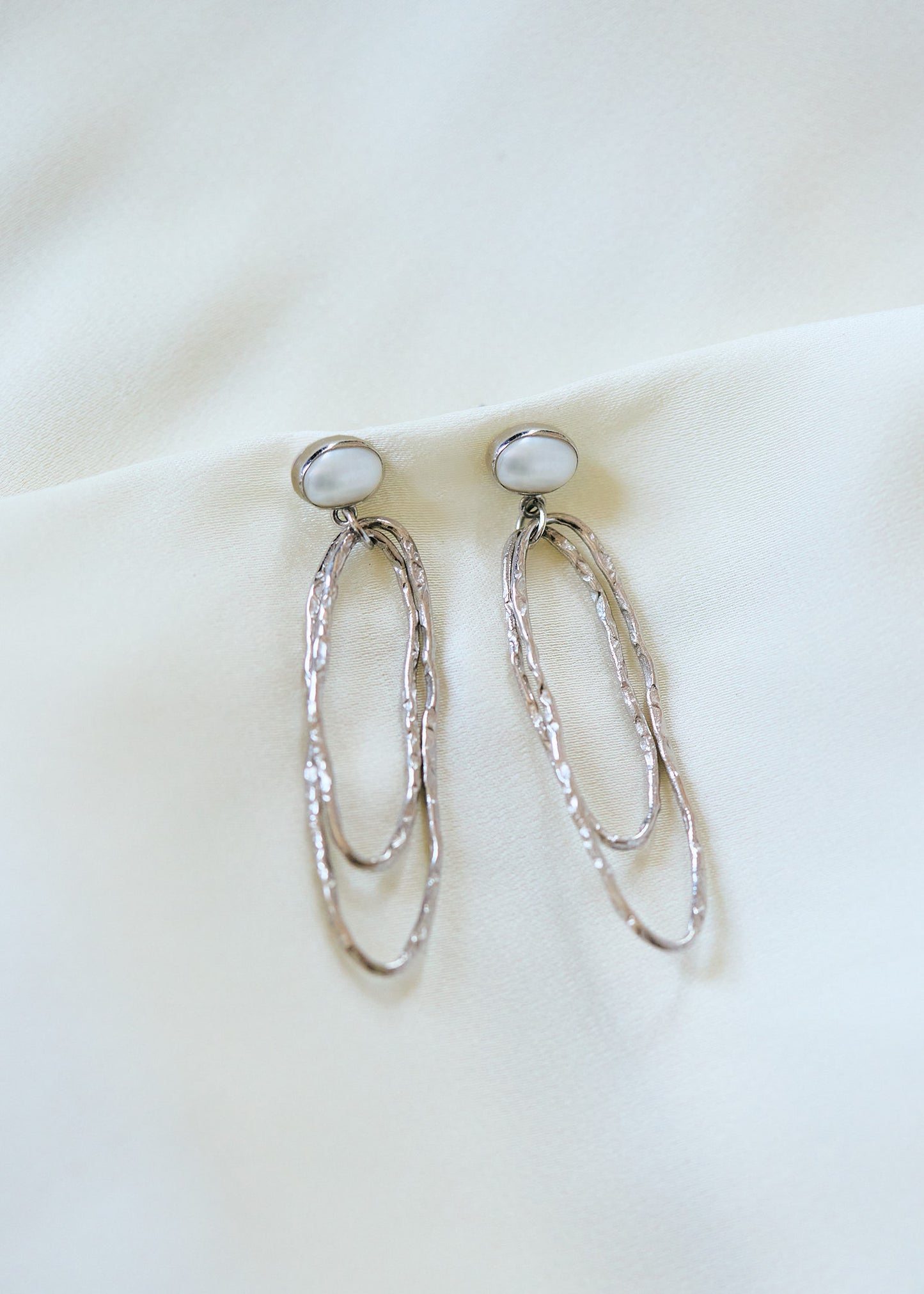 Pearl & Double Oval Drop Earrings | Sterling Silver Hammered Hoops