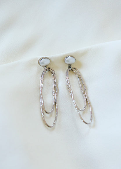 Pearl & Double Oval Drop Earrings | Sterling Silver Hammered Hoops