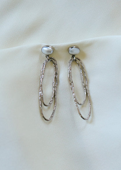 Pearl & Double Oval Drop Earrings | Sterling Silver Hammered Hoops