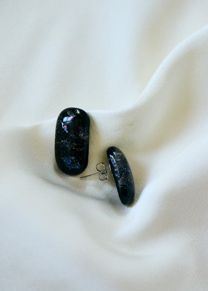 Dichroic Glass Stud Earrings | Sterling Silver Posts, Iridescent Black
