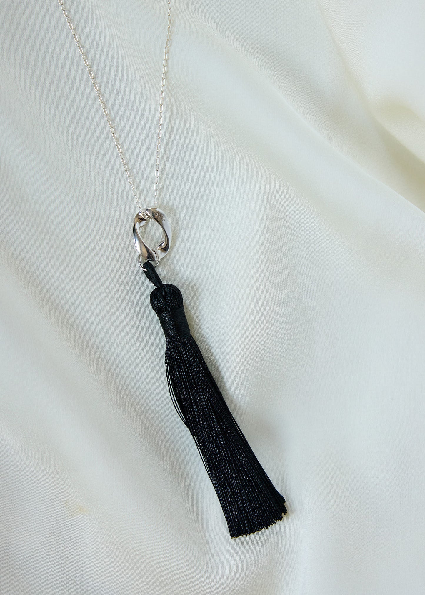 Sterling Silver Tassel Necklace | 925 Long Chain with Black Silk Tassel