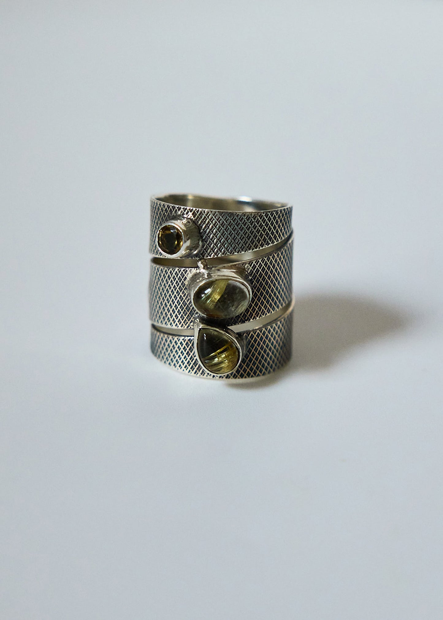 Sterling Silver Wide Band Ring | Oxidized Textured, Quartz & Citrine