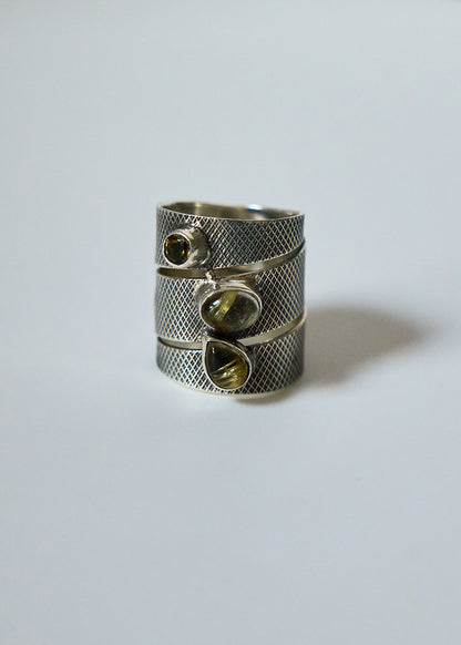 Sterling Silver Wide Band Ring | Oxidized Textured, Quartz & Citrine