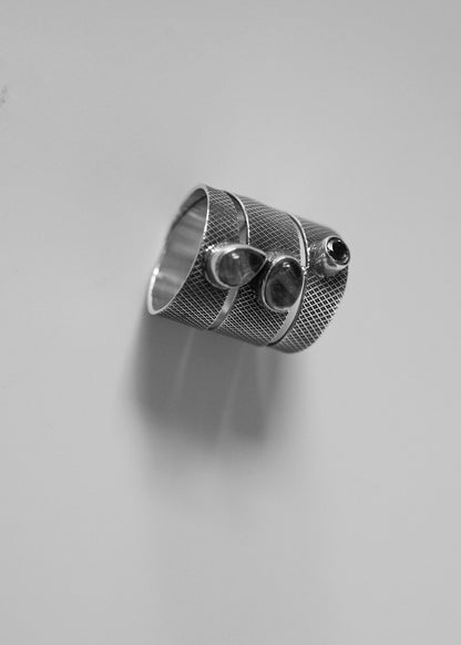 Sterling Silver Wide Band Ring | Oxidized Textured, Quartz & Citrine