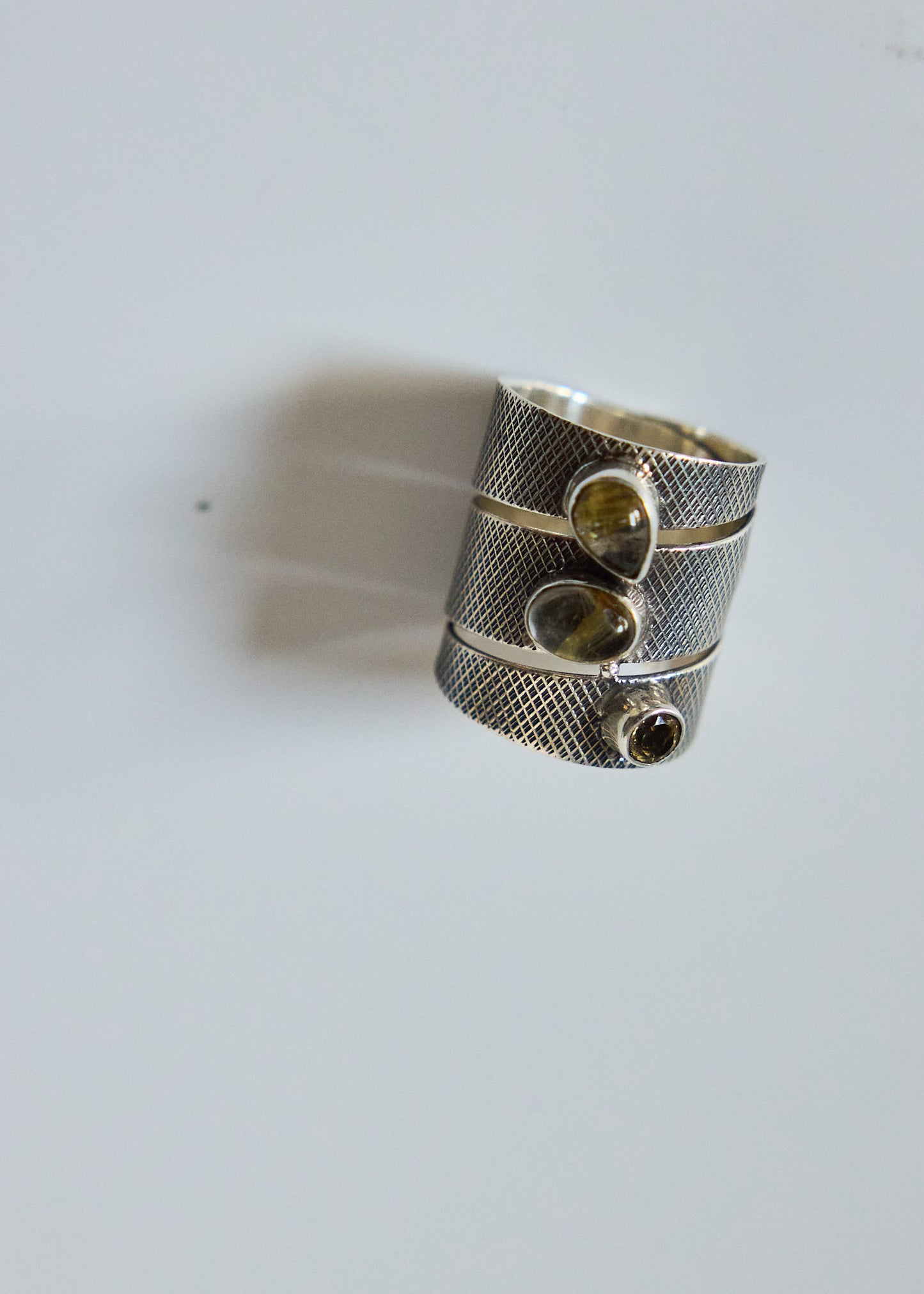 Sterling Silver Wide Band Ring | Oxidized Textured, Quartz & Citrine