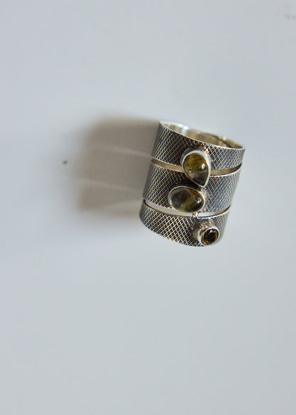 Sterling Silver Wide Band Ring | Oxidized Textured, Quartz & Citrine