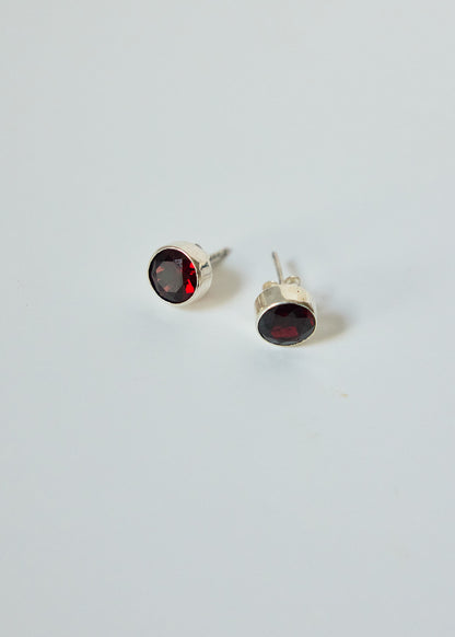 Garnet Sterling Silver Stud Earrings | Round Bezel-Set Red Gemstone Studs