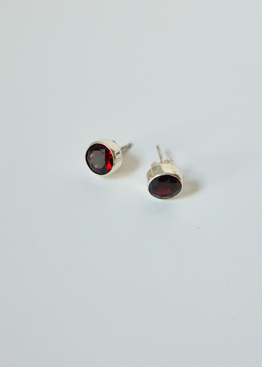 Garnet Sterling Silver Stud Earrings | Round Bezel-Set Red Gemstone Studs