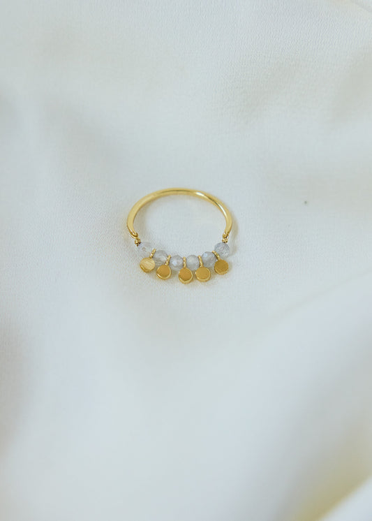 Labradorite Bead Ring | Gold Disc Charm Ring, Dainty Stacking Ring