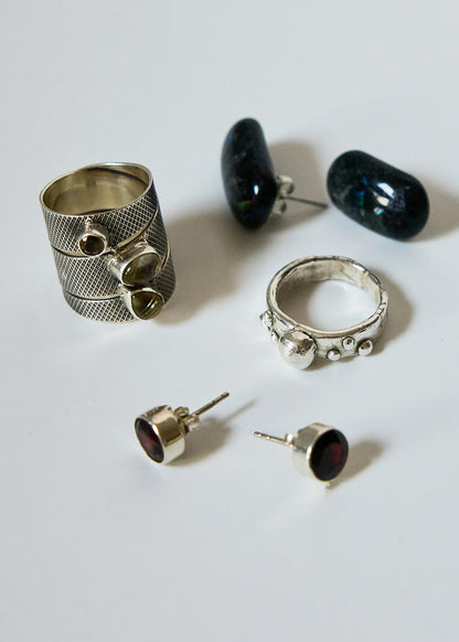 Garnet Sterling Silver Stud Earrings | Round Bezel-Set Red Gemstone Studs