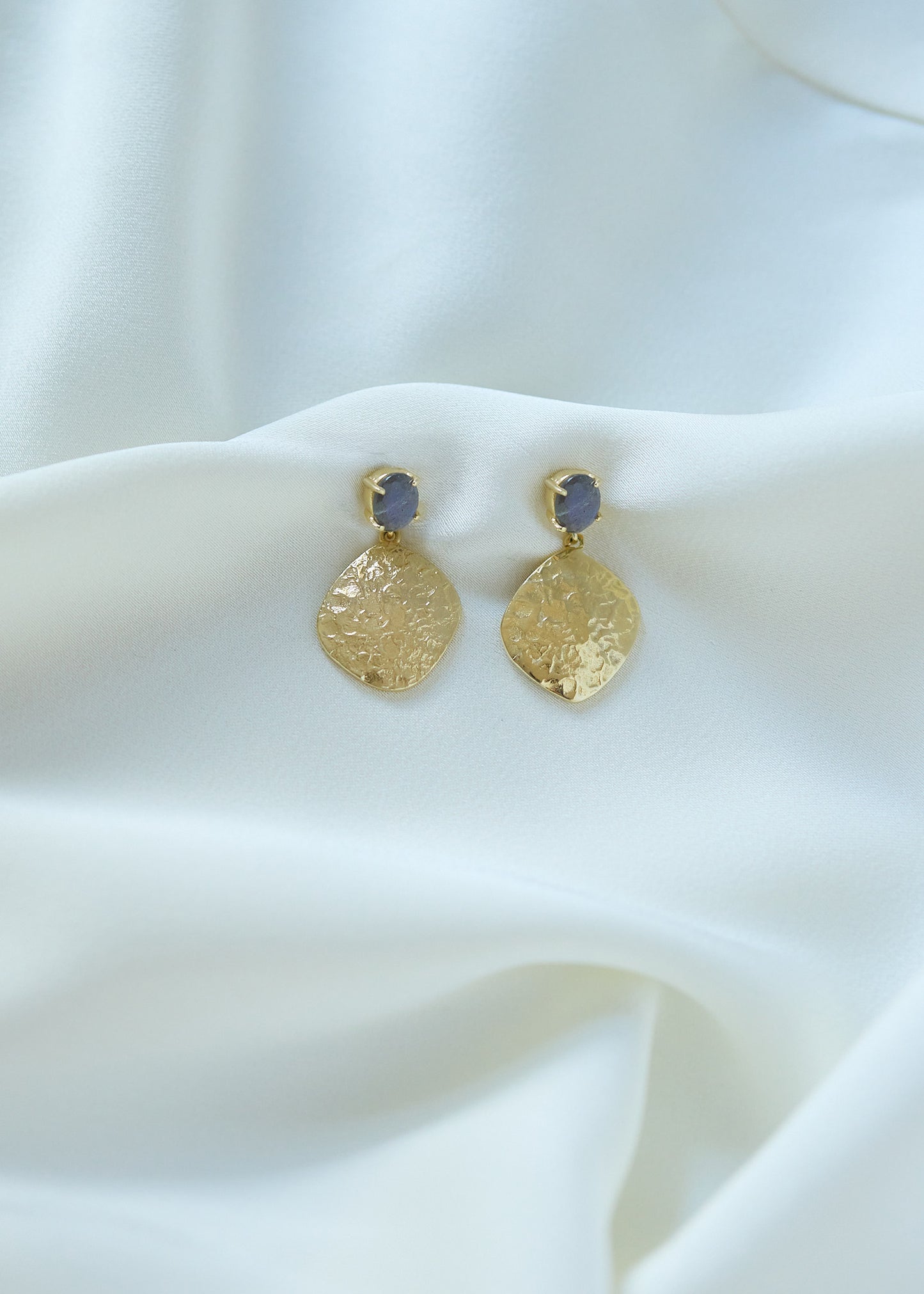 Labradorite & Hammered Gold Disc Drop Earrings