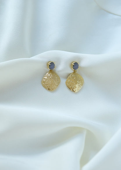 Labradorite & Hammered Gold Disc Drop Earrings