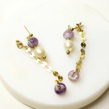Pearl / Amethyst Double Dangle Earrings