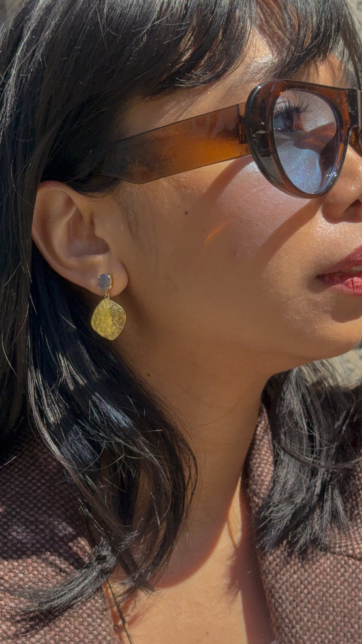 Labradorite & Hammered Gold Disc Drop Earrings