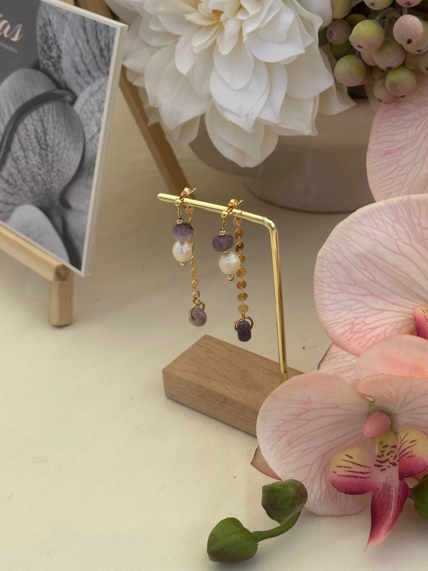 Pearl / Amethyst Double Dangle Earrings
