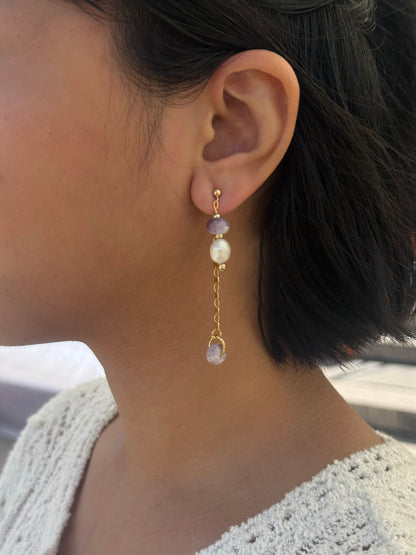 Pearl / Amethyst Double Dangle Earrings