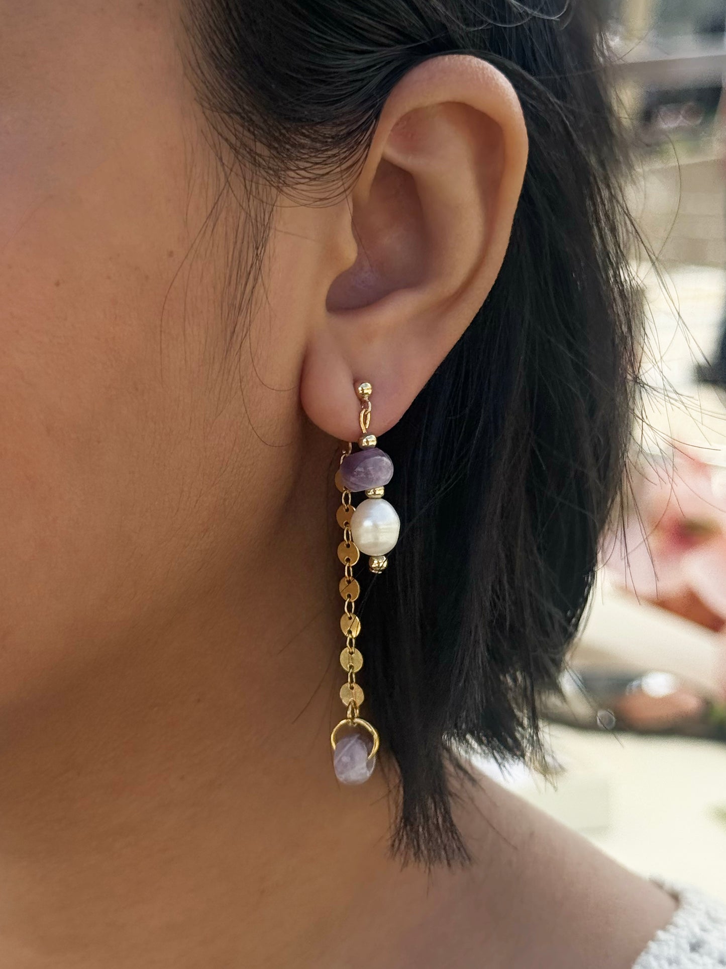Pearl / Amethyst Double Dangle Earrings